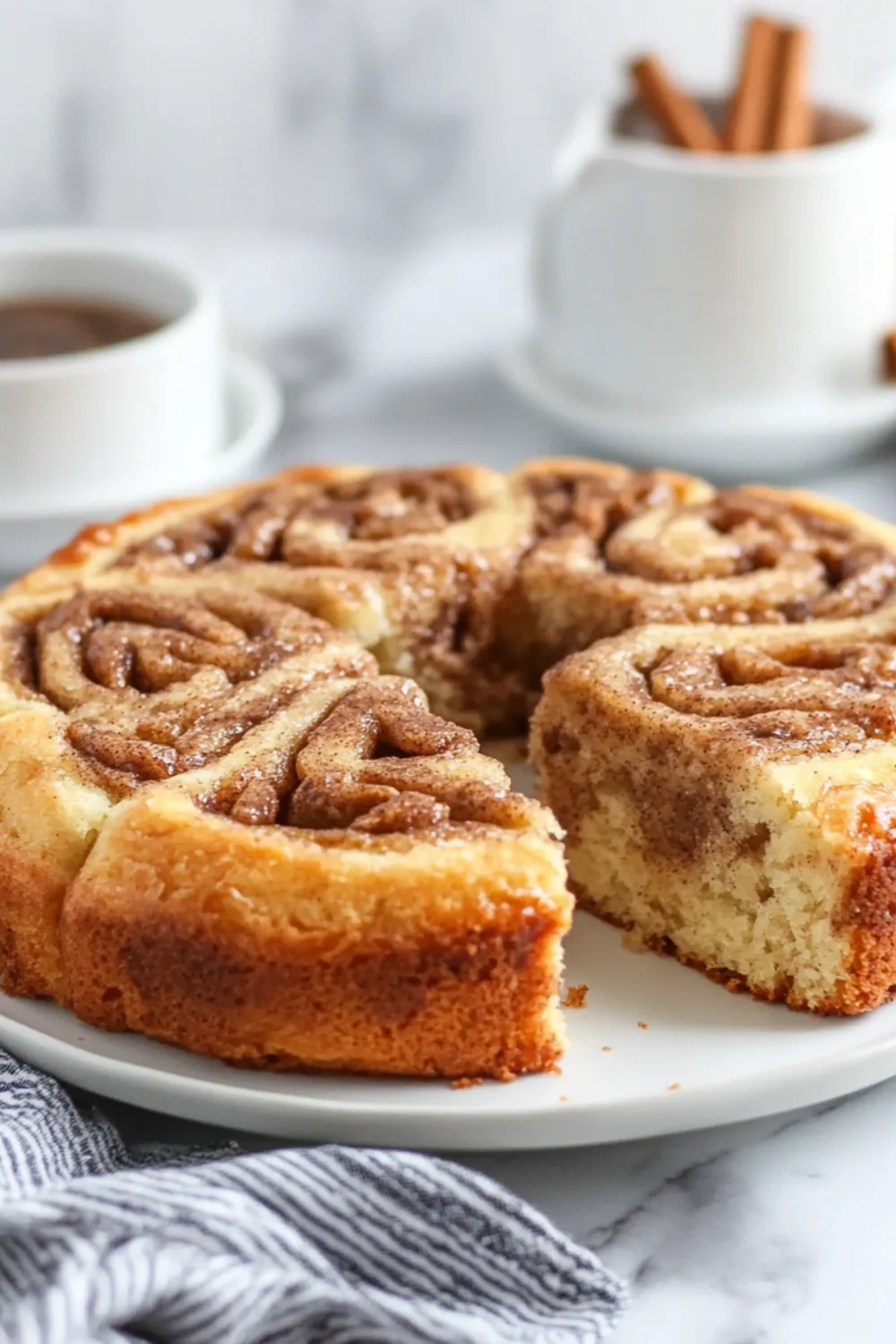 Saftiger Zimtschnecken-Kuchen ohne Hefe, direkt aus der Backform geschnitten und serviert.