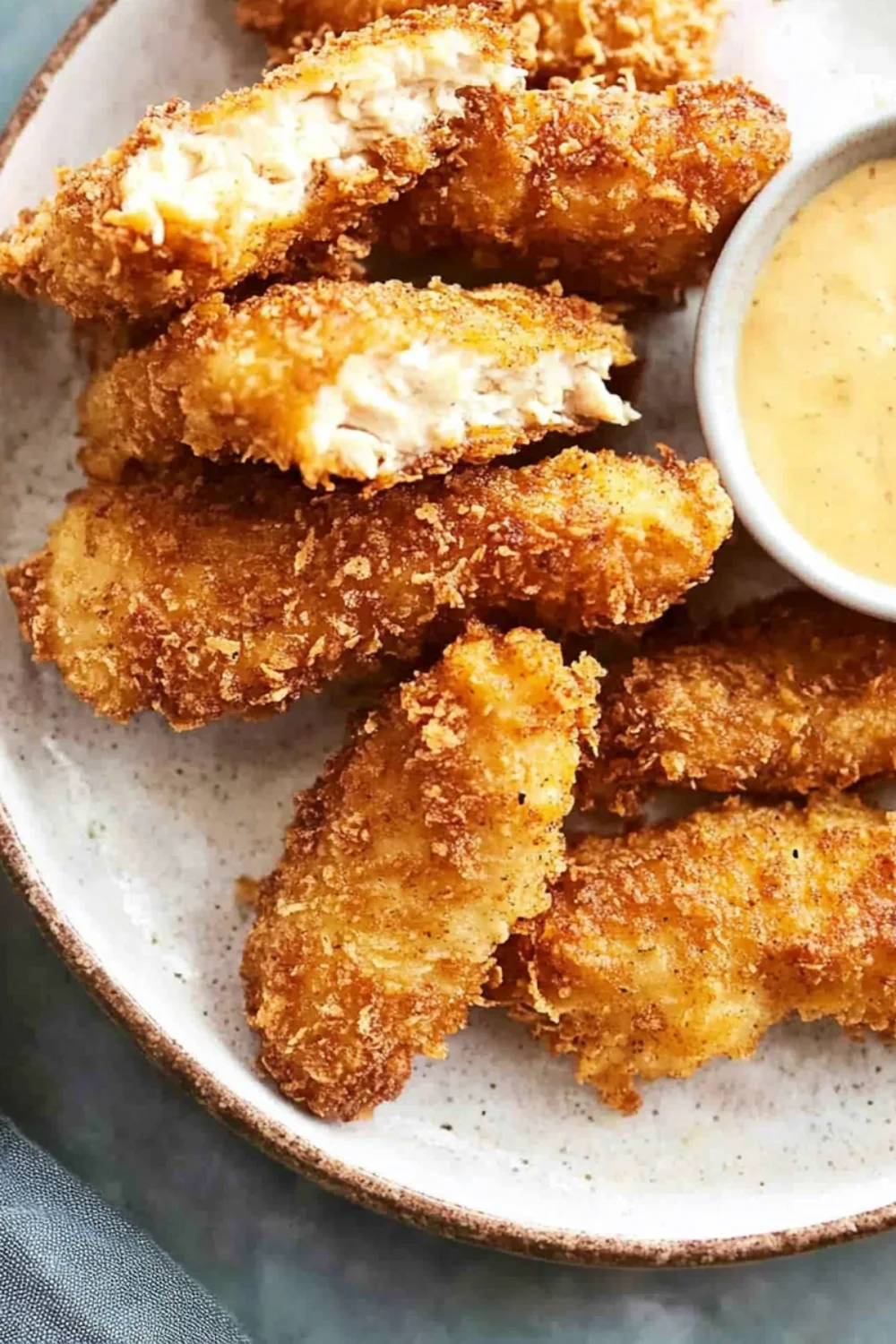 Kross gebratene Hähnchenstreifen mit einem Dipp, serviert auf einem Teller.