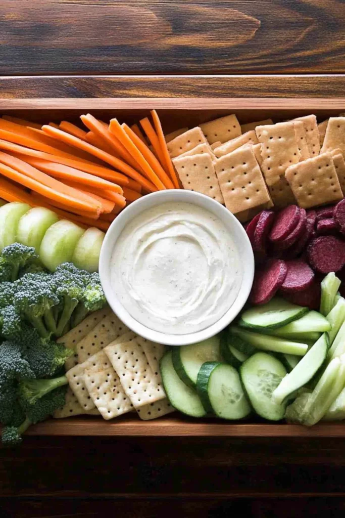 Eine Holzkiste mit frischem Gemüse wie Karotten, Gurken, Sellerie, Brokkoli und Rote Beete, zusammen mit Crackern und einer Schale Dip.