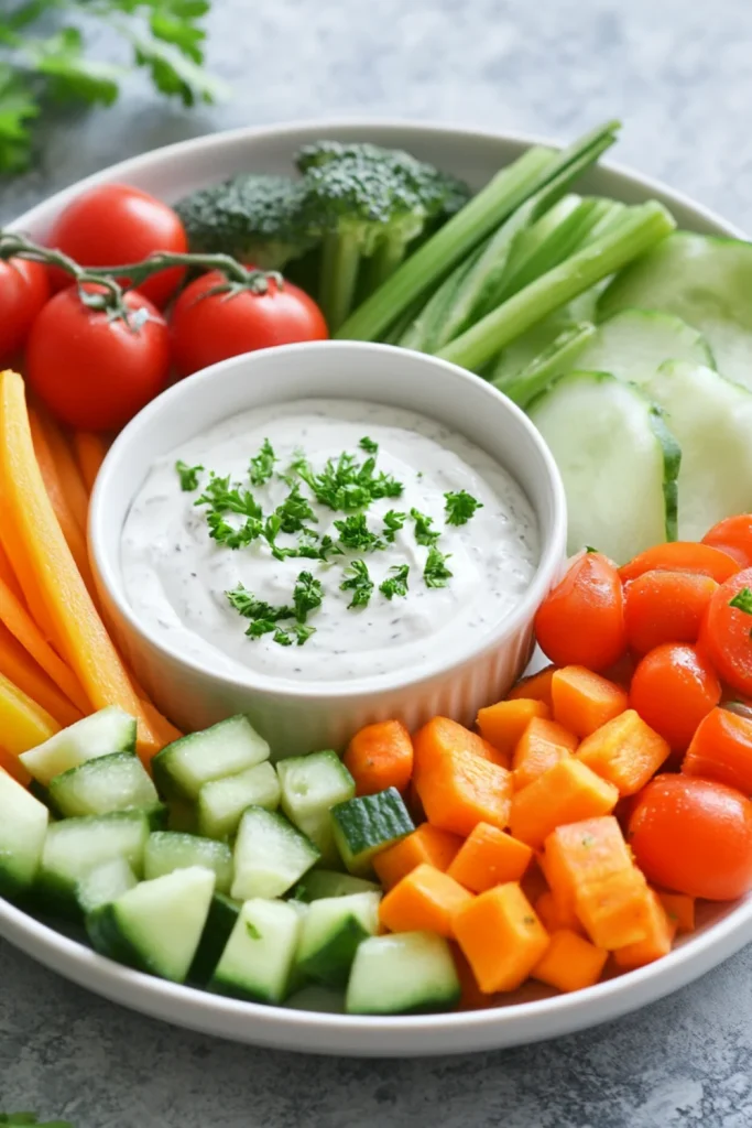 Eine Holzkiste mit frischem Gemüse wie Karotten, Gurken, Sellerie, Brokkoli und Rote Beete, zusammen mit Crackern und einer Schale Dip.