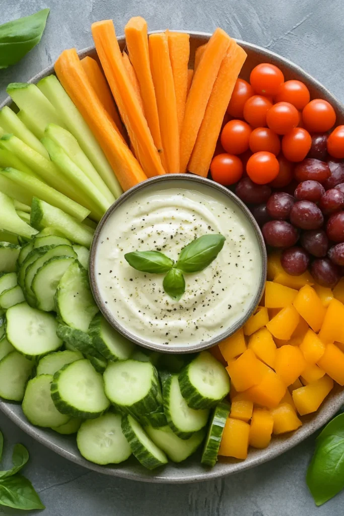 Eine Holzkiste mit frischem Gemüse wie Karotten, Gurken, Sellerie, Brokkoli und Rote Beete, zusammen mit Crackern und einer Schale Dip.