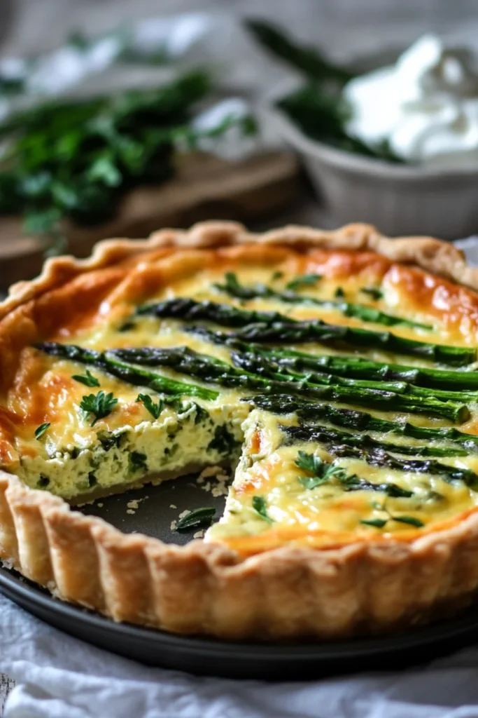 Eine knusprige Spargelquiche mit grünem Spargel, cremiger Füllung und goldbraunem Teig, garniert mit frischen Kräutern. Die Quiche liegt in einer runden Backform auf einem Holzbrett, umgeben von frischen Kräuterzweigen.