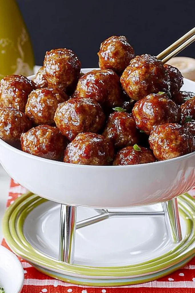 Eine Schüssel mit vielen leckeren, saftigen Fleischbällchen, die in einer süßen und würzigen Sauce überzogen sind.