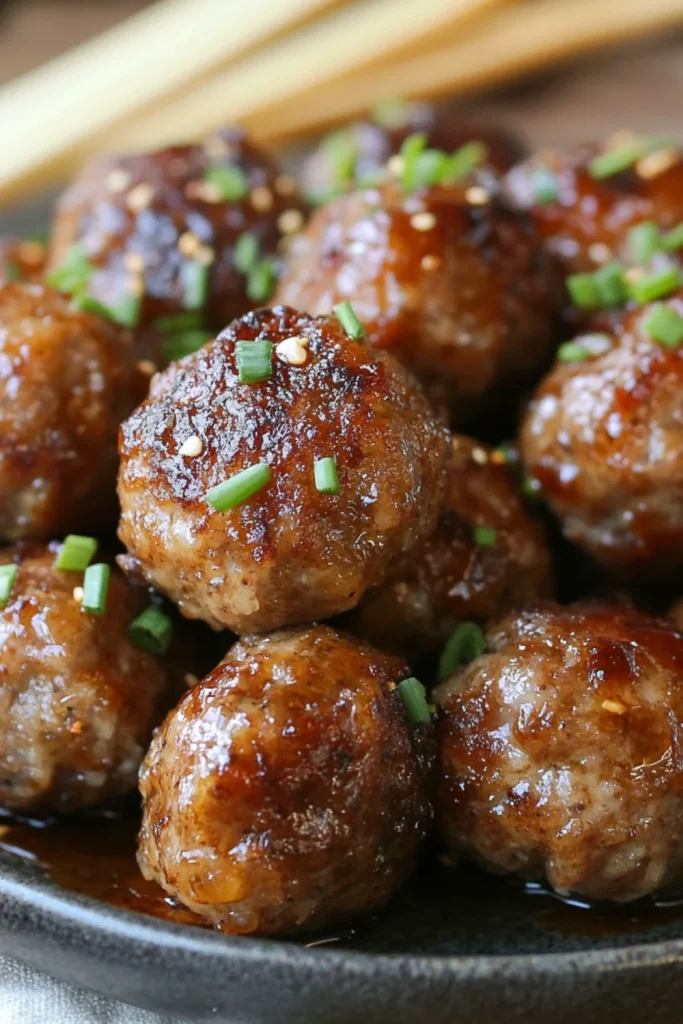 Eine Schüssel mit vielen leckeren, saftigen Fleischbällchen, die in einer süßen und würzigen Sauce überzogen sind.