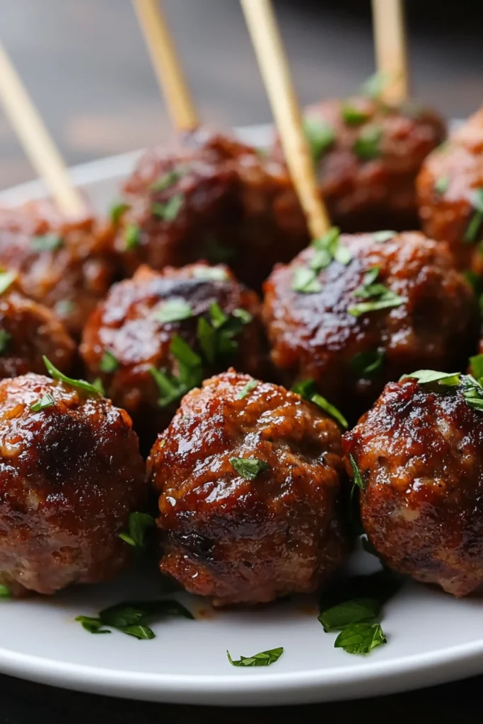 Eine Schüssel mit vielen leckeren, saftigen Fleischbällchen, die in einer süßen und würzigen Sauce überzogen sind.