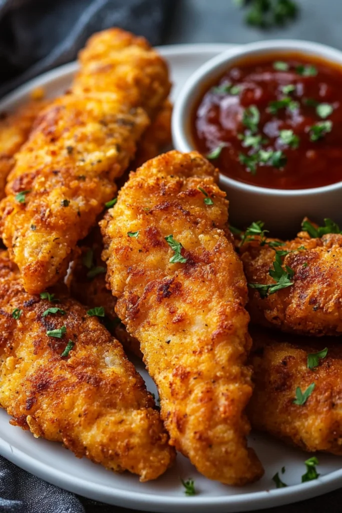 Kross gebratene Hähnchenstreifen mit einem Dipp, serviert auf einem Teller.