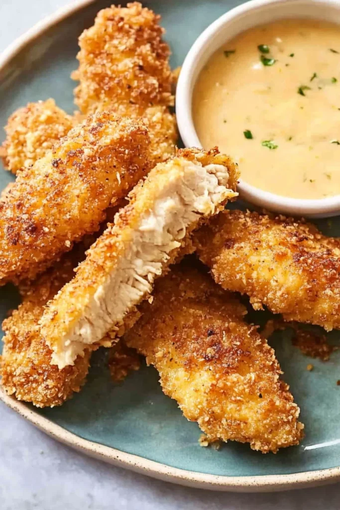 Kross gebratene Hähnchenstreifen mit einem Dipp, serviert auf einem Teller.