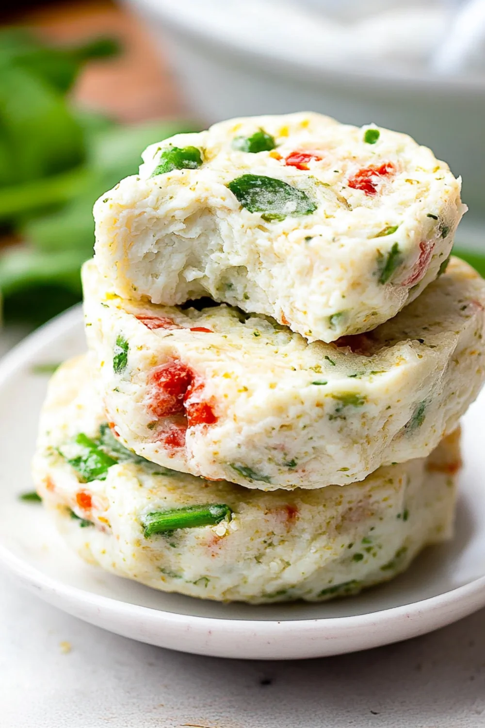 Drei gestapelte, fluffige Eibissen mit Gemüse, darunter Paprika, Spinat und Frühlingszwiebeln – serviert auf einem kleinen weißen Teller.