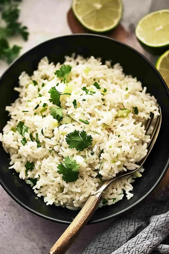 Frischer Reis mit Limette und Koriander in einer Schale, verfeinert mit Kräutern.