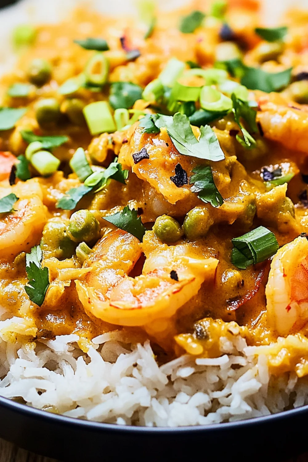 Shrimp curry served with rice, topped with fresh cilantro and green onions.