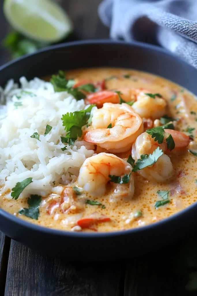 Shrimp curry served with rice, topped with fresh cilantro and green onions.