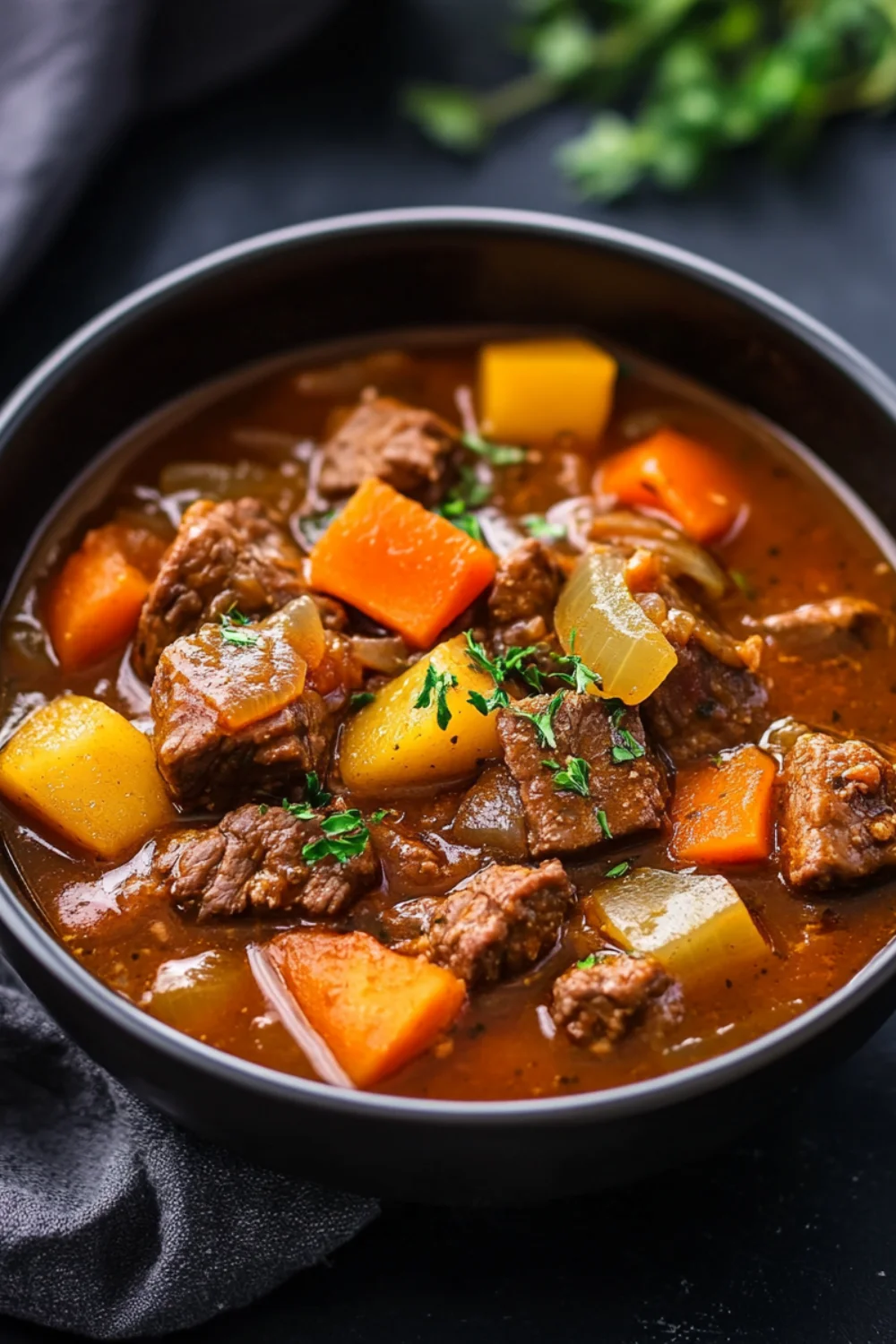Eine Schüssel herzhaftes Gulasch mit zartem Rindfleisch, Zwiebeln, Karotten und Sellerie, serviert in einer aromatischen, dunklen Soße. Das Gericht ist mit frischer Petersilie garniert. Im Hintergrund sind grüne Kräuter zu sehen.