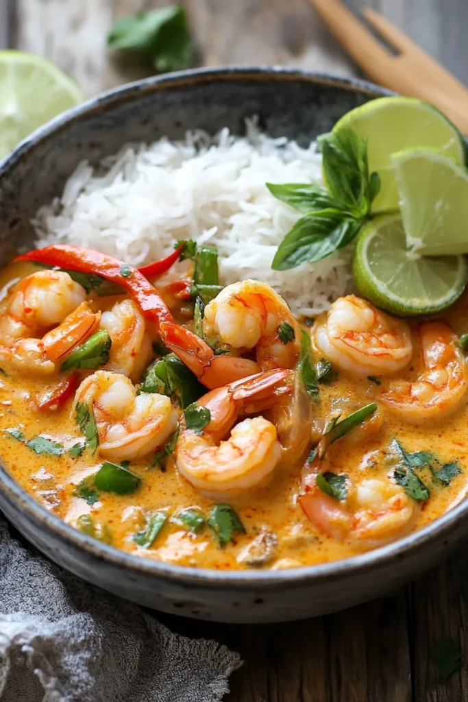 Shrimp curry served with rice, topped with fresh cilantro and green onions.