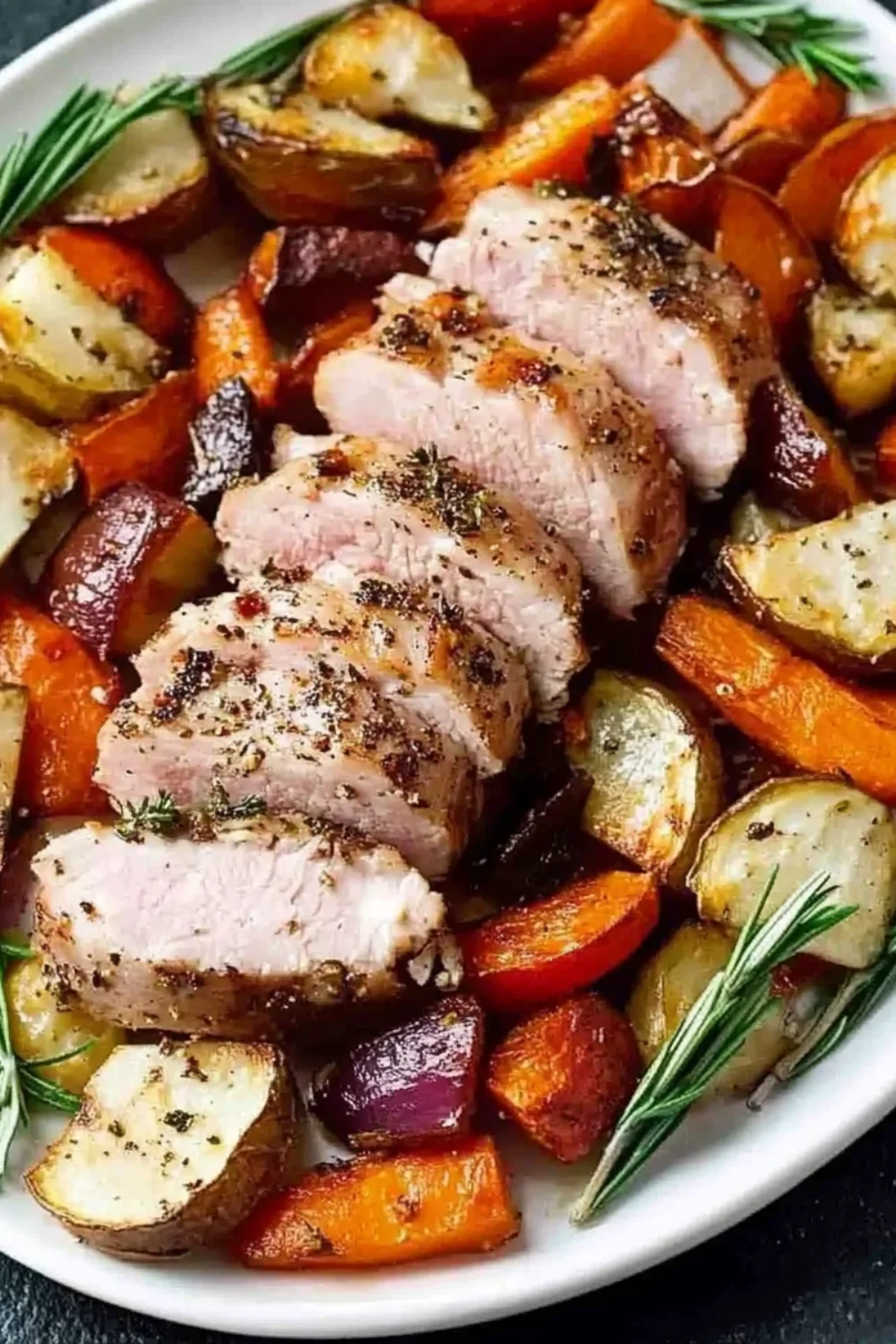 Ein zartes, in Scheiben geschnittenes Schweinefilet, umgeben von gerösteten Karotten, Kartoffeln und roten Rüben, serviert auf einem weißen Teller mit frischen Rosmarinzweigen.