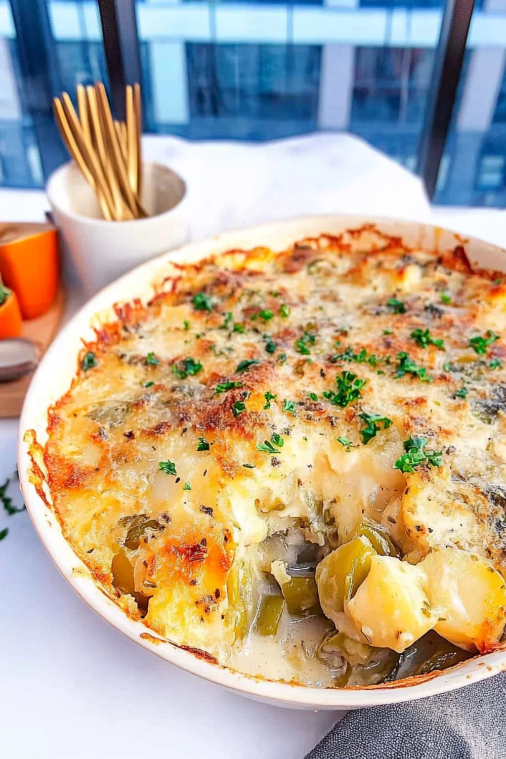 Überbackener Kartoffel-Lauch-Auflauf in einer runden Auflaufform, mit goldbrauner Käsekruste und frischer Petersilie bestreut.