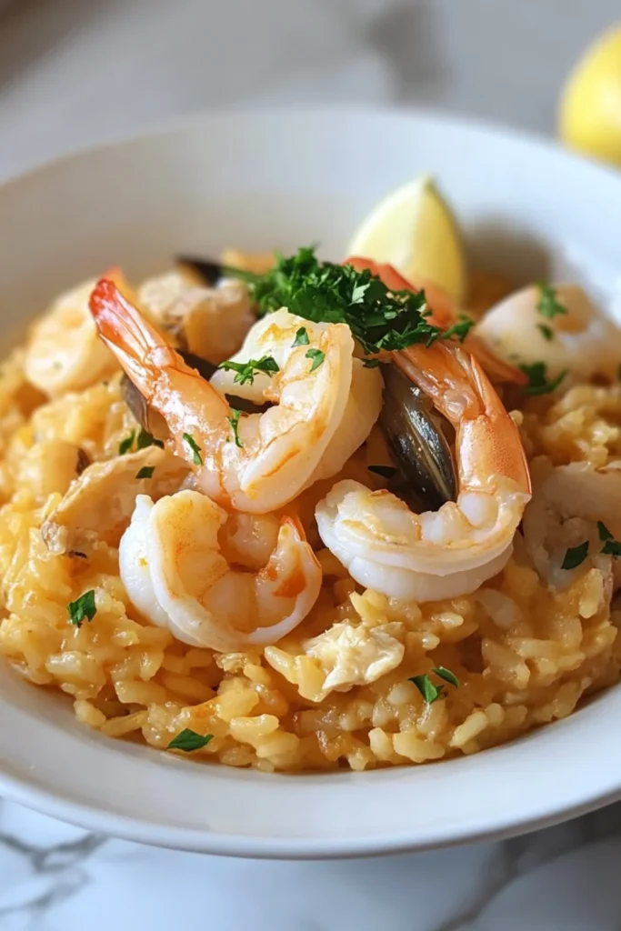 „Frische Meeresfrüchte Paella mit Garnelen, Erbsen und gewürztem Reis, in einer Pfanne serviert.“