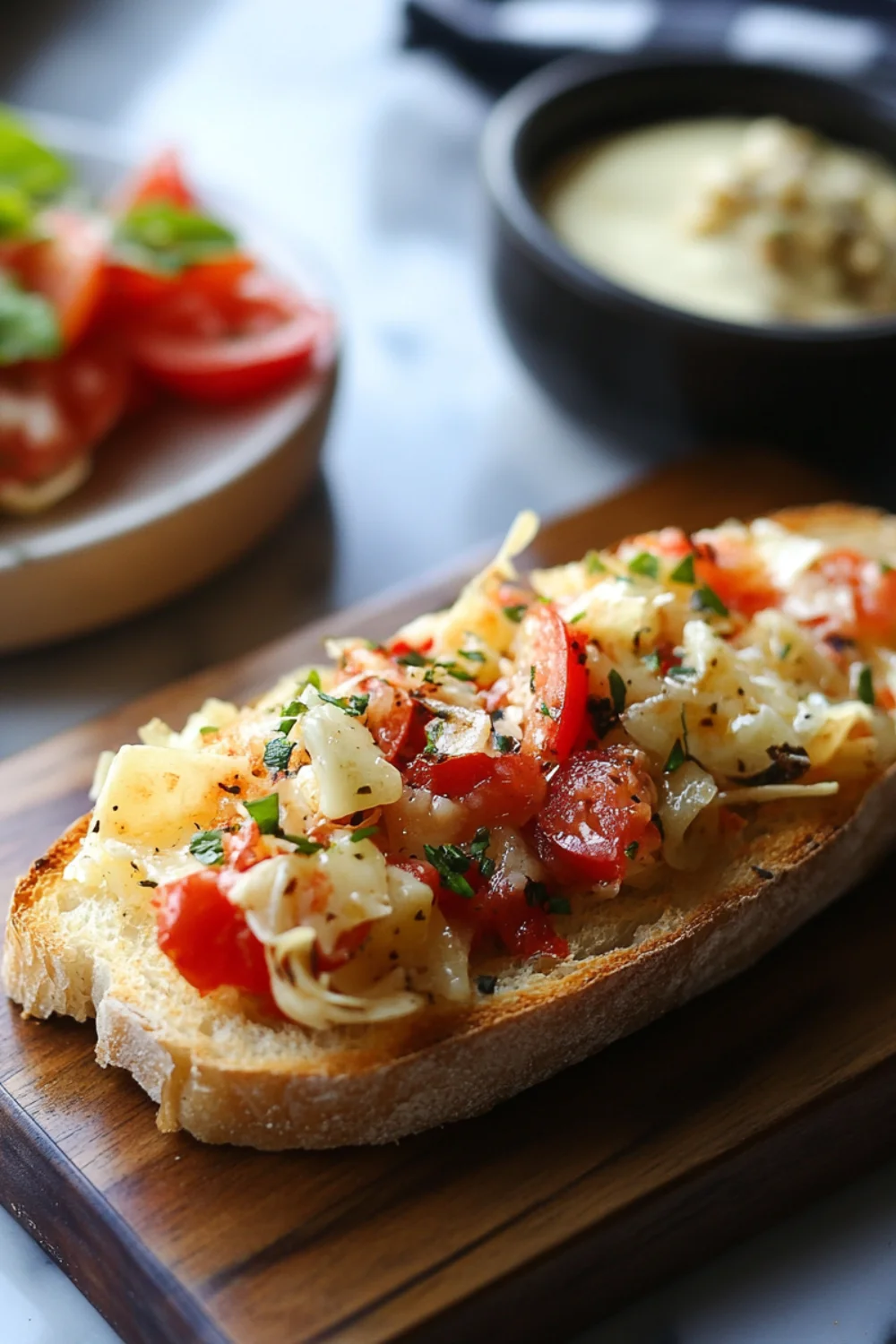 Frische Bruschetta auf geröstetem Brot, garniert mit Tomaten, Basilikum und einer Prise Salz, serviert als köstliche Vorspeise.