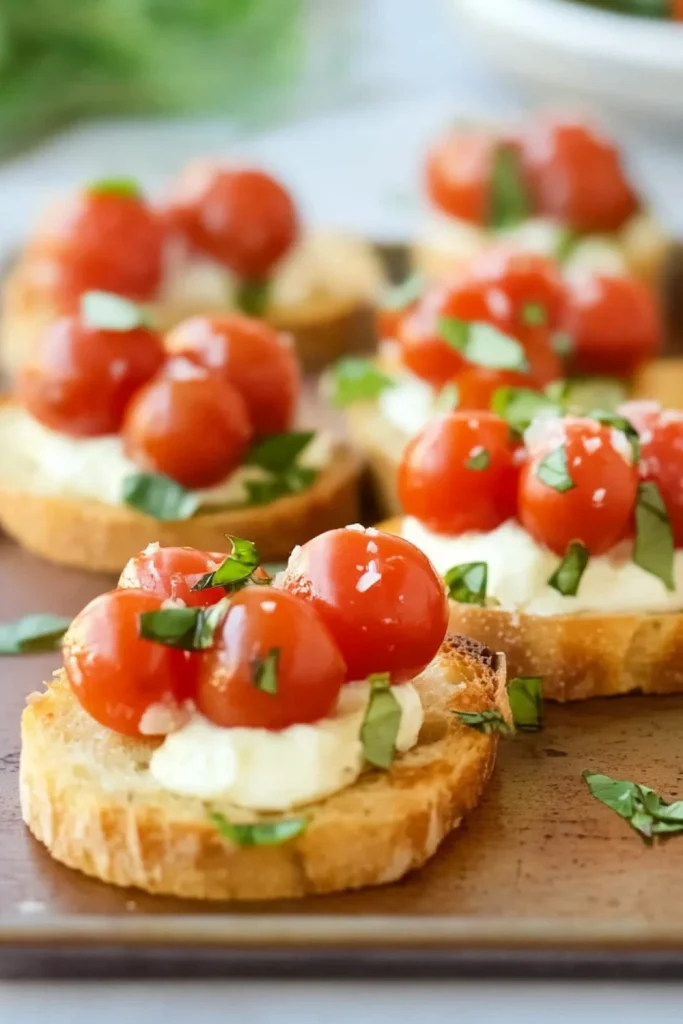 Frische Bruschetta auf geröstetem Brot, garniert mit Tomaten, Basilikum und einer Prise Salz, serviert als köstliche Vorspeise.