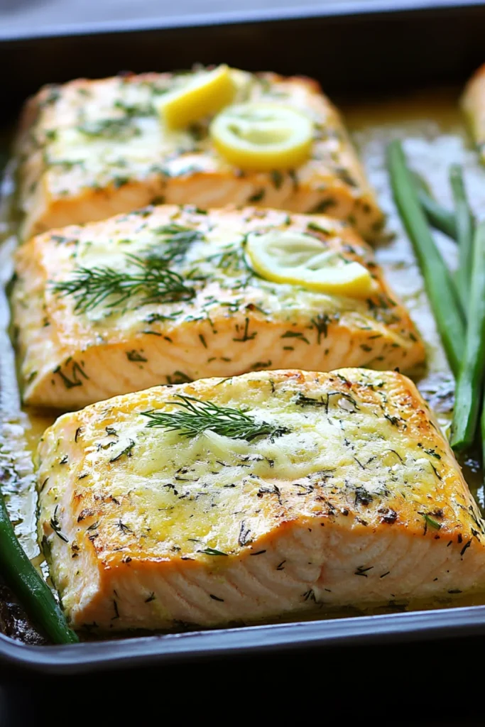 „Gegrillter Lachs mit Zitronen-Dill-Sauce, serviert mit Zitronenscheiben und frischem Dill.“