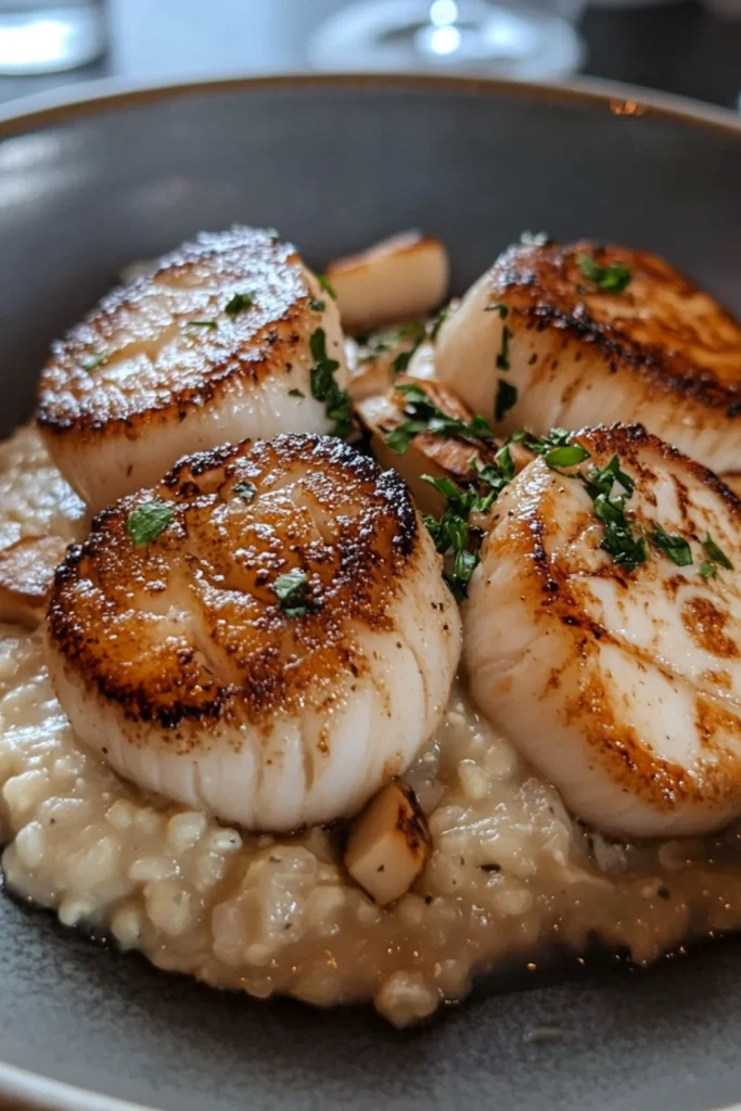 Zart angebratene Jakobsmuscheln auf cremigem Blumenkohl-Risotto, garniert mit grünen Bohnen und frischen Kräutern.
