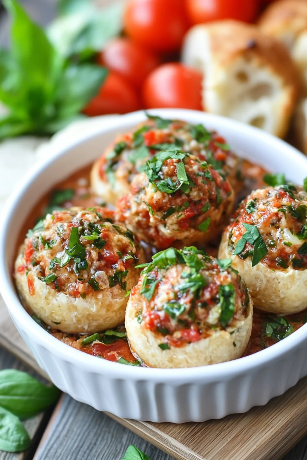 Bruschetta-Käseball mit frischen Tomaten, Basilikum und einer knusprigen Paniermehlkruste, serviert mit knusprigem Brot.