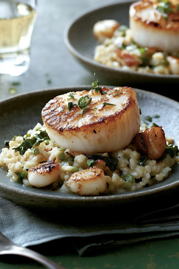 Zart angebratene Jakobsmuscheln auf cremigem Blumenkohl-Risotto, garniert mit grünen Bohnen und frischen Kräutern.