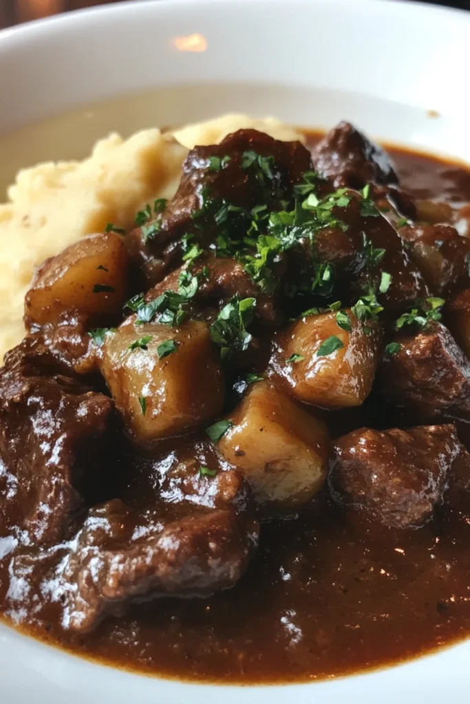 „Beef Bourguignon – Zartes Rindfleisch in einer reichhaltigen Rotweinsoße mit Kartoffeln und Karotten.“