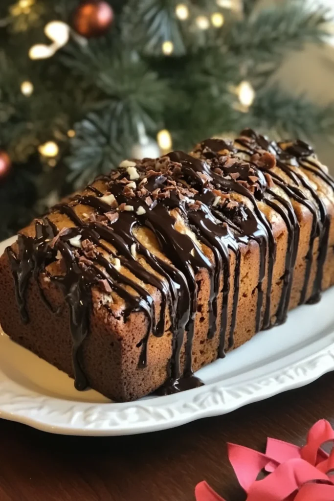 Frisch gebackenes Bananenbrot mit Schokostückchen in einer Glasbackform auf einem Geschirrtuch.