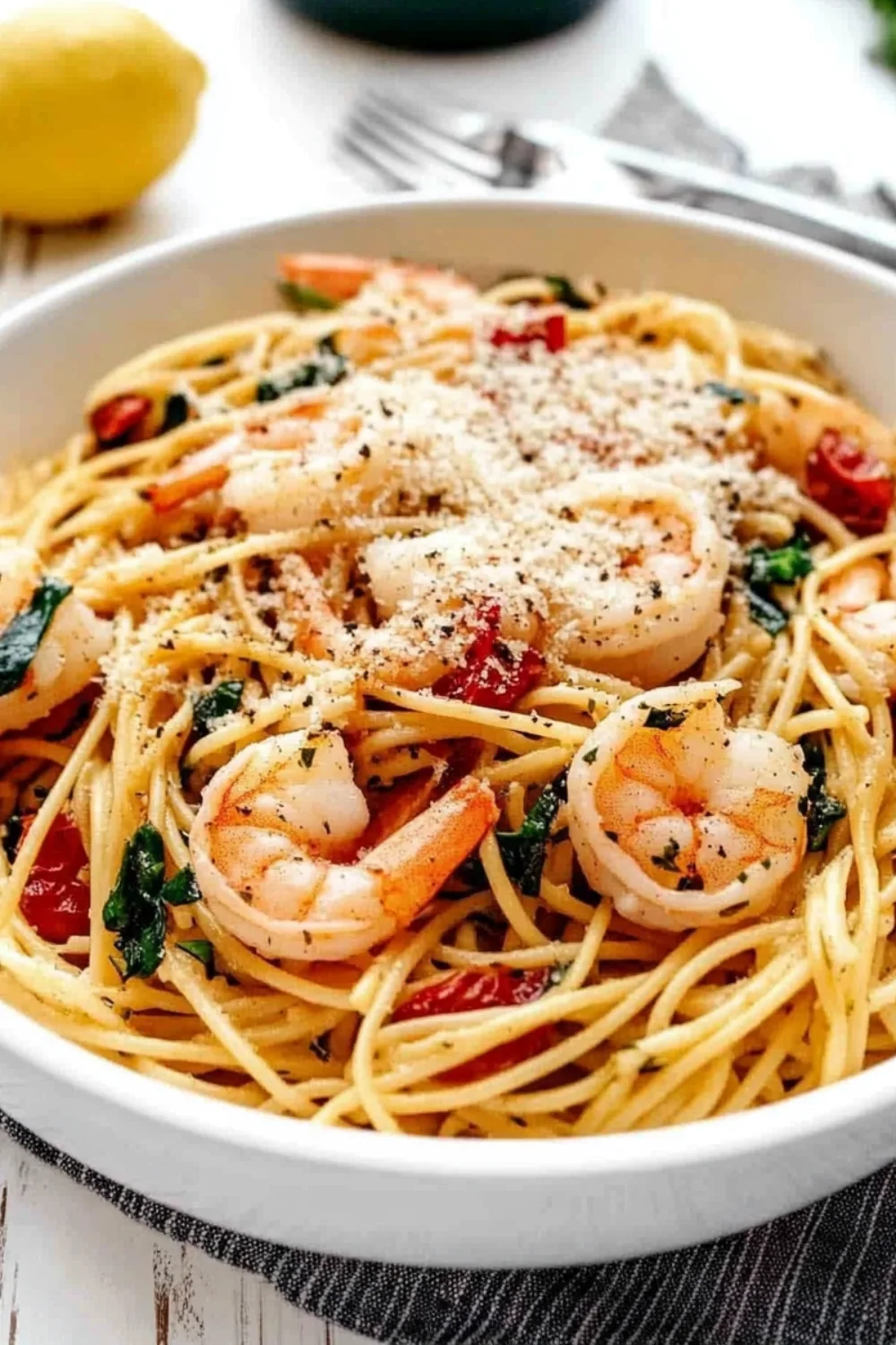 Linguine-Pasta mit Knoblauch, Zitronensaft und gebratenen Garnelen, garniert mit Parmesan und schwarzem Pfeffer.