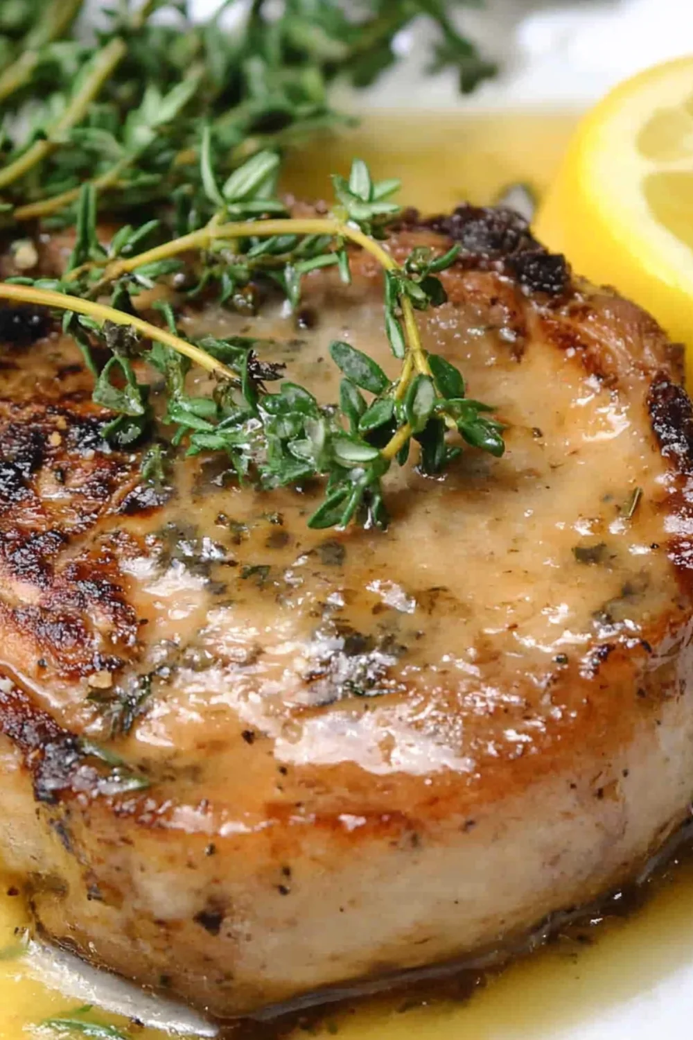 Eine Nahaufnahme eines perfekt gebratenen Kalbskoteletts, garniert mit frischem Thymian und einer Zitronenscheibe, serviert mit einer köstlichen Weißweinsauce.