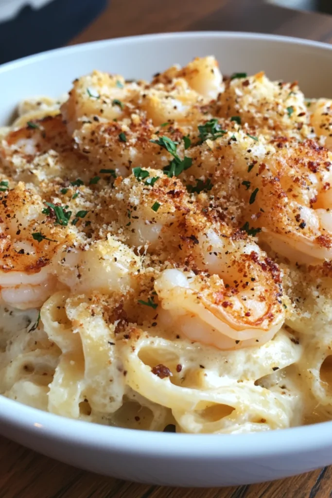 Linguine-Pasta mit Knoblauch, Zitronensaft und gebratenen Garnelen, garniert mit Parmesan und schwarzem Pfeffer.