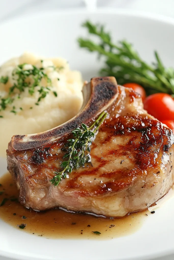 Eine Nahaufnahme eines perfekt gebratenen Kalbskoteletts, garniert mit frischem Thymian und einer Zitronenscheibe, serviert mit einer köstlichen Weißweinsauce.