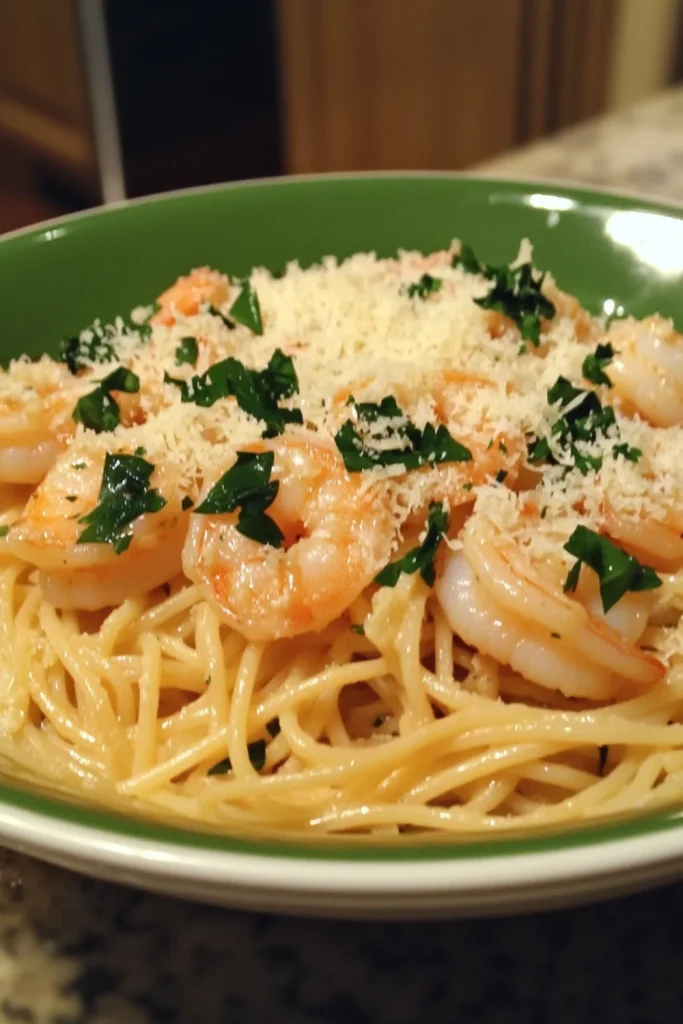 Linguine-Pasta mit Knoblauch, Zitronensaft und gebratenen Garnelen, garniert mit Parmesan und schwarzem Pfeffer.