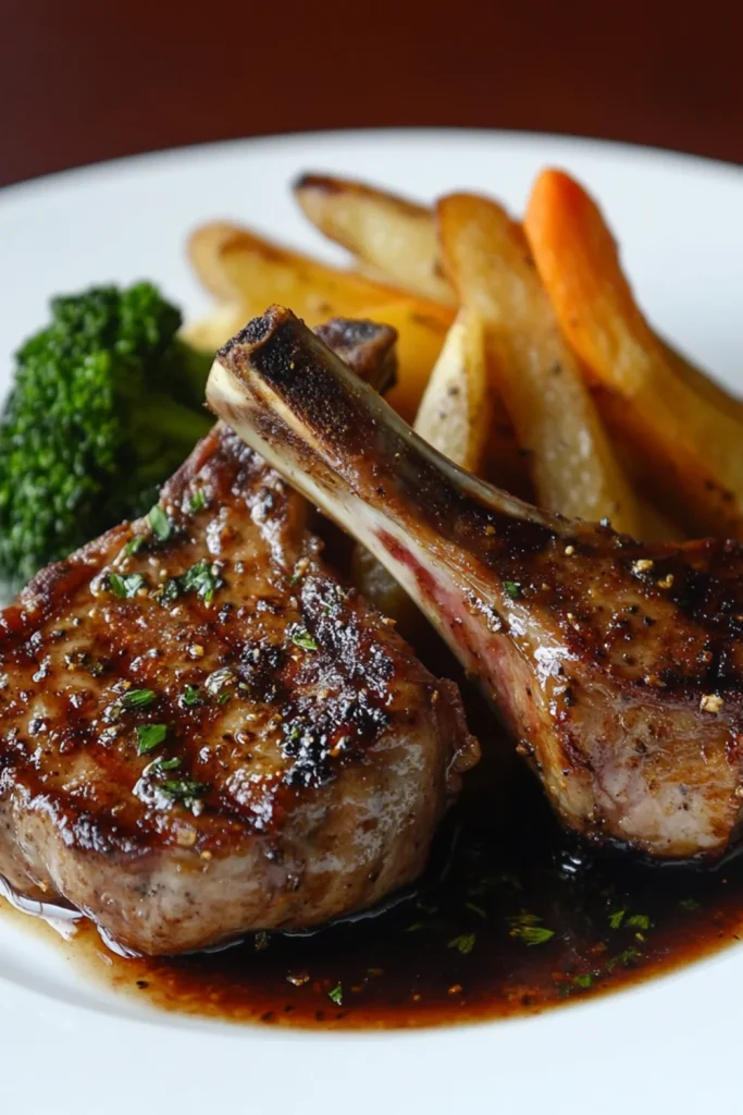 Eine Nahaufnahme eines perfekt gebratenen Kalbskoteletts, garniert mit frischem Thymian und einer Zitronenscheibe, serviert mit einer köstlichen Weißweinsauce.